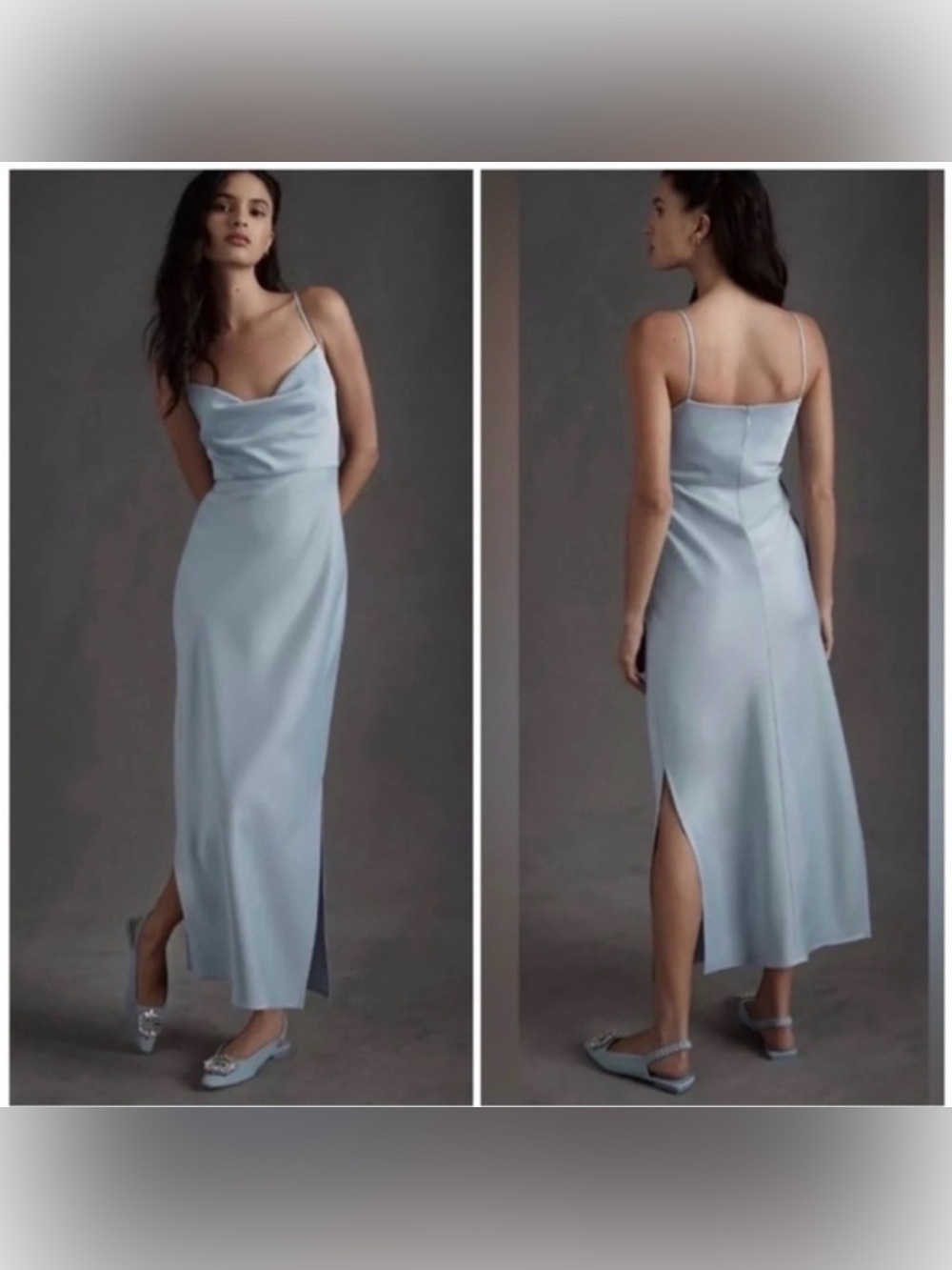BHLDN Light Blue Satin Slip Midi Dress Cowl Neck Wedding Guest Dress 10
